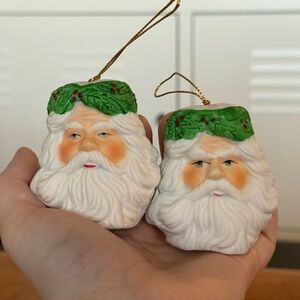 Vintage Set of 2 Porcelain Santa Claus Head Bell Ornaments China
